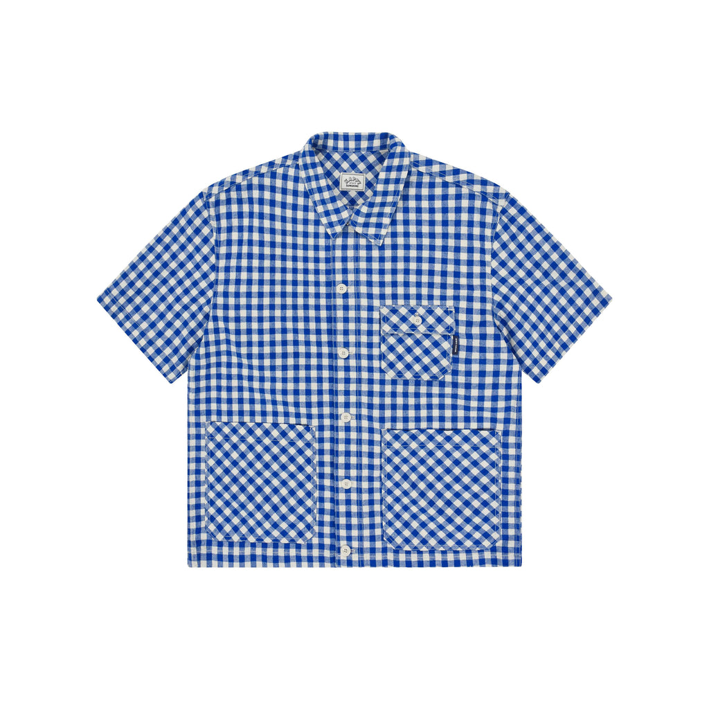 Gingham check linen half-shirt blue