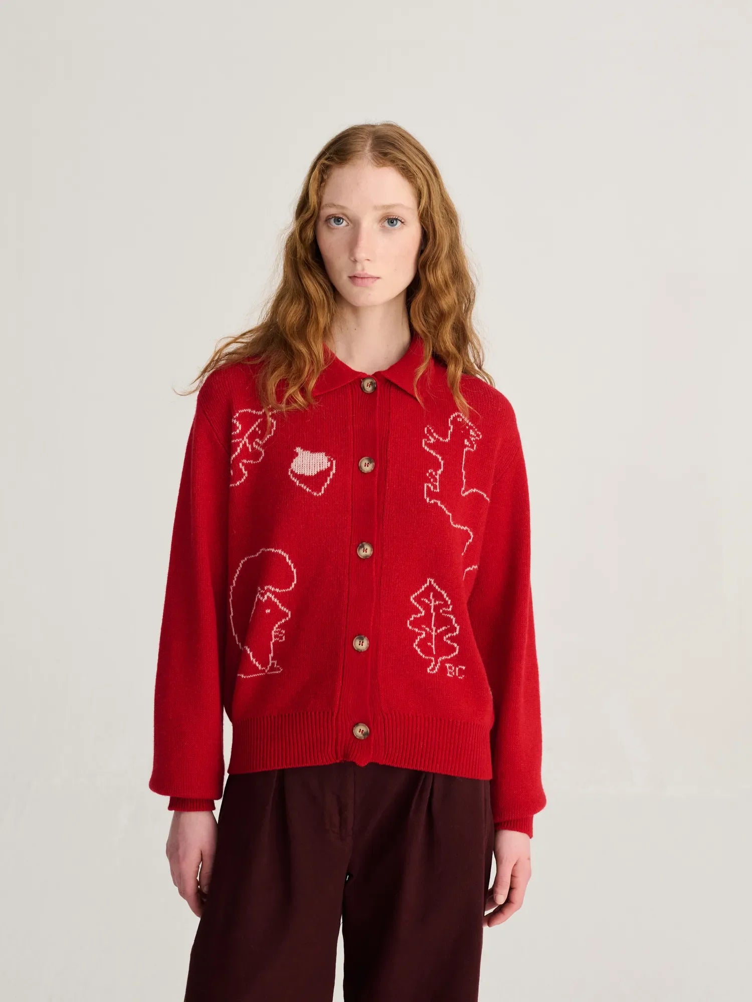 Forest scene wool blend polo cardigan red