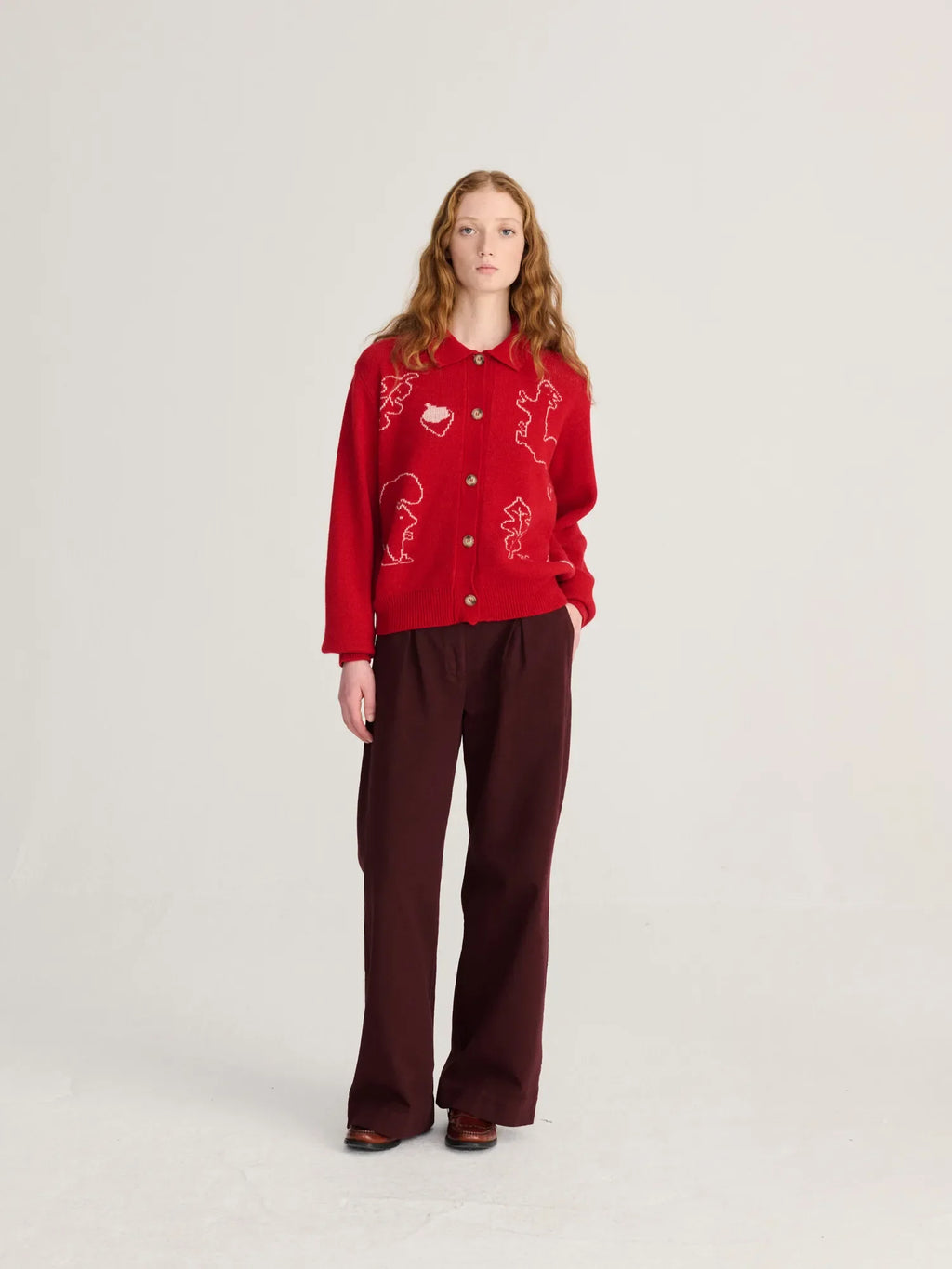 Forest scene wool blend polo cardigan red