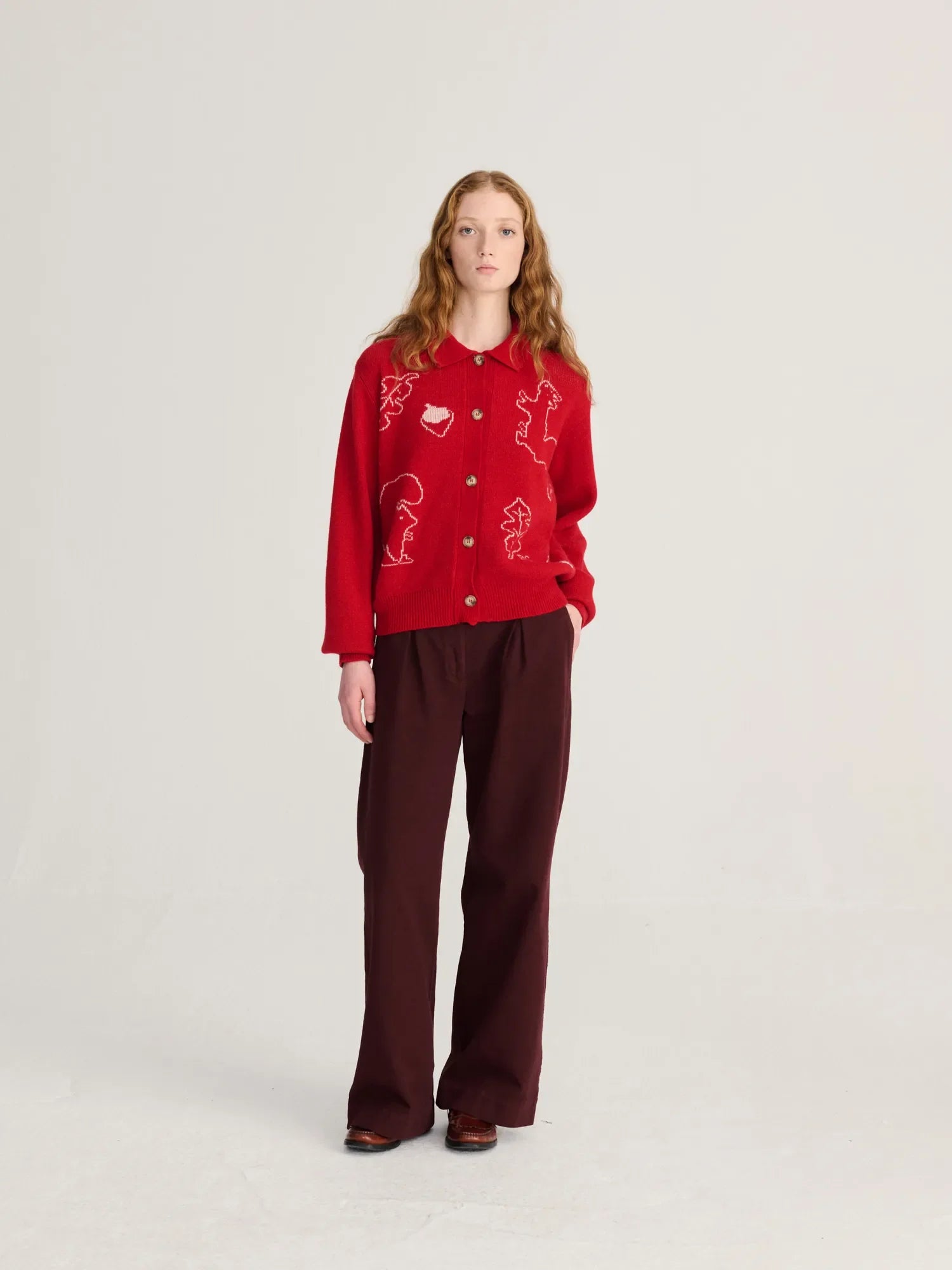 Forest scene wool blend polo cardigan red