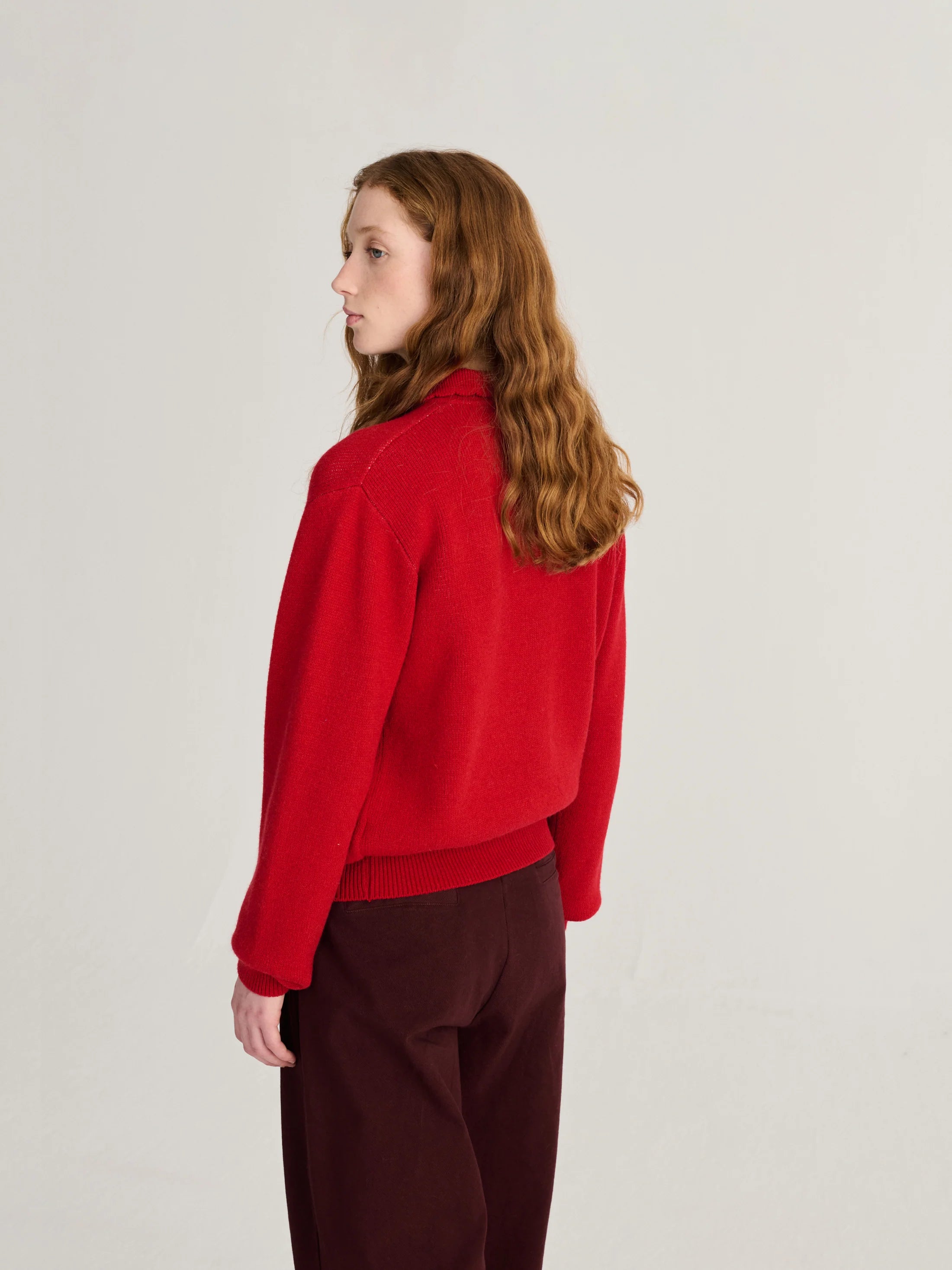Forest scene wool blend polo cardigan red
