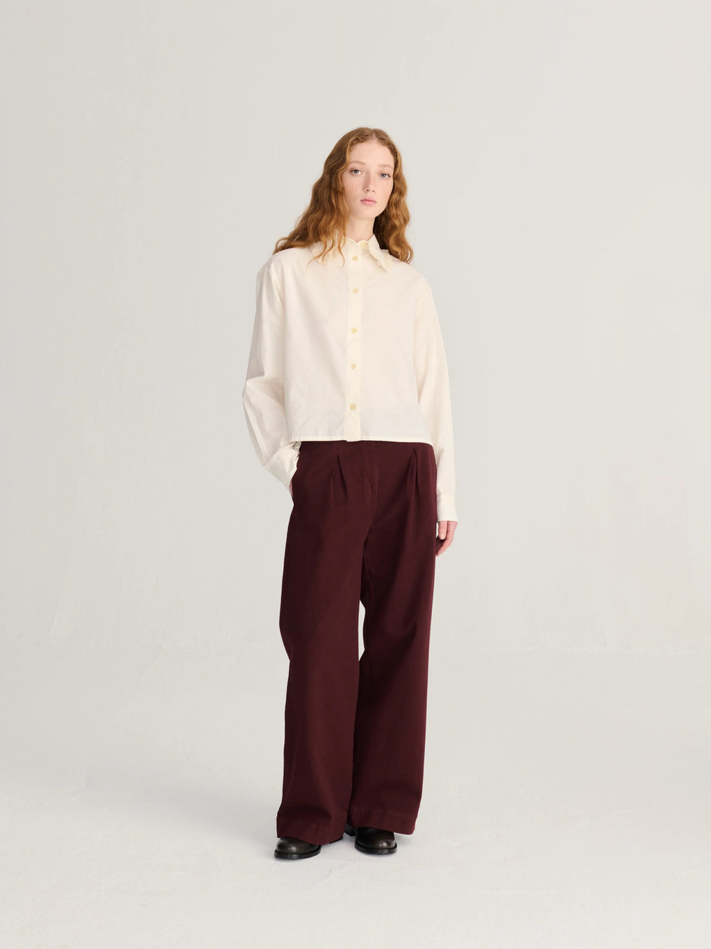 Pleated twill wide leg pants dark brown