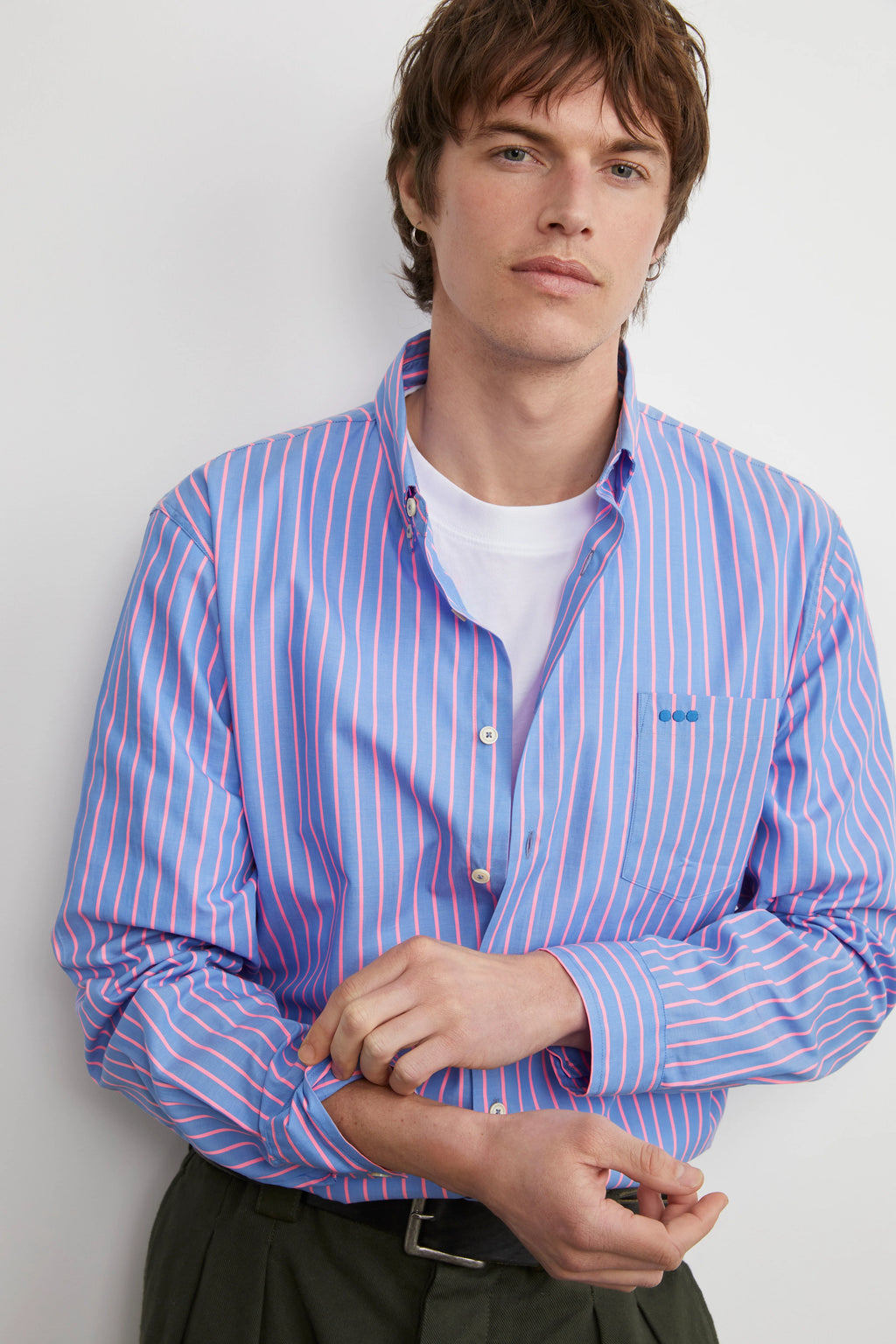 Chemise heol bleu lavande rayures roses