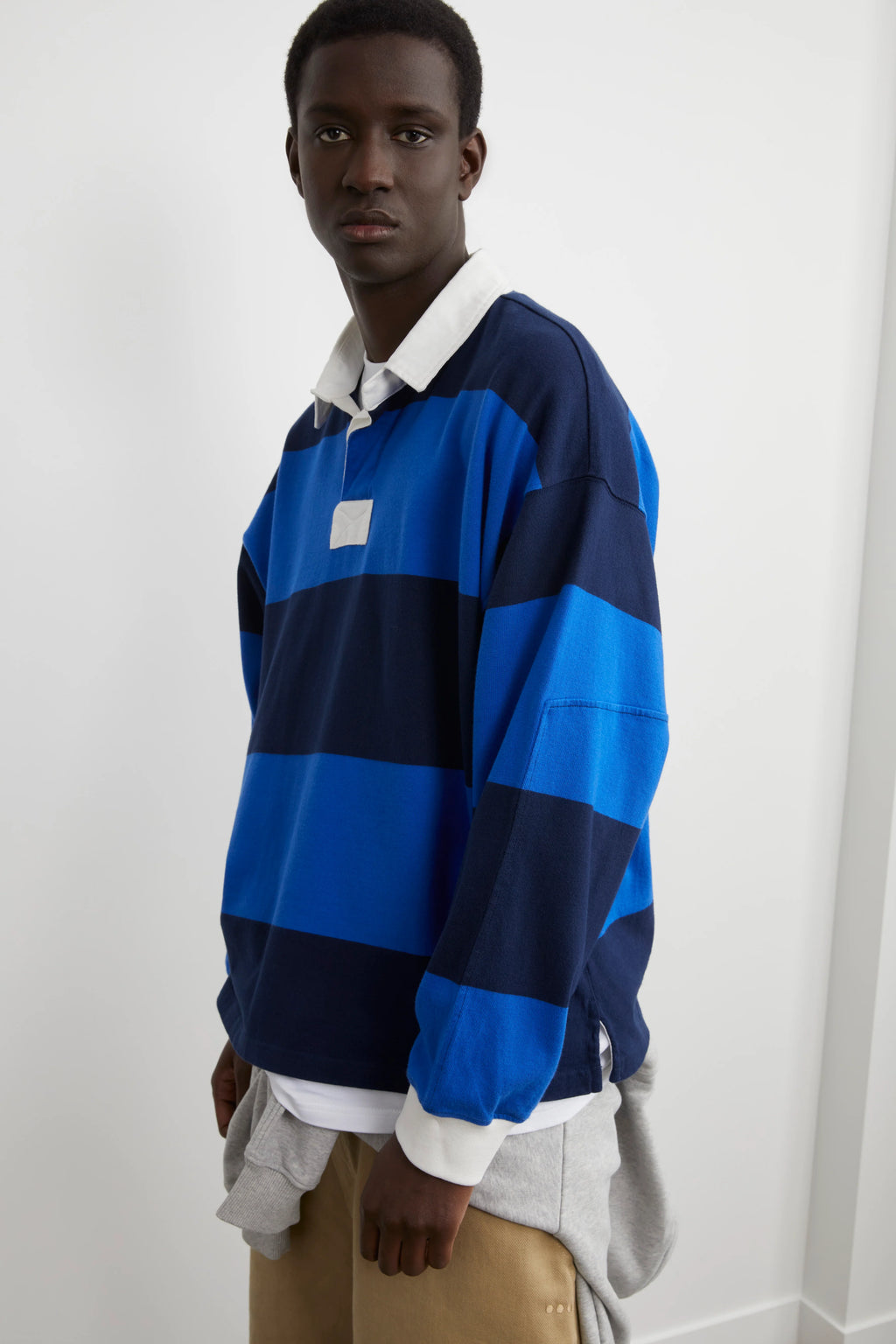 Blue and navy striped hydrangea rugby shirt