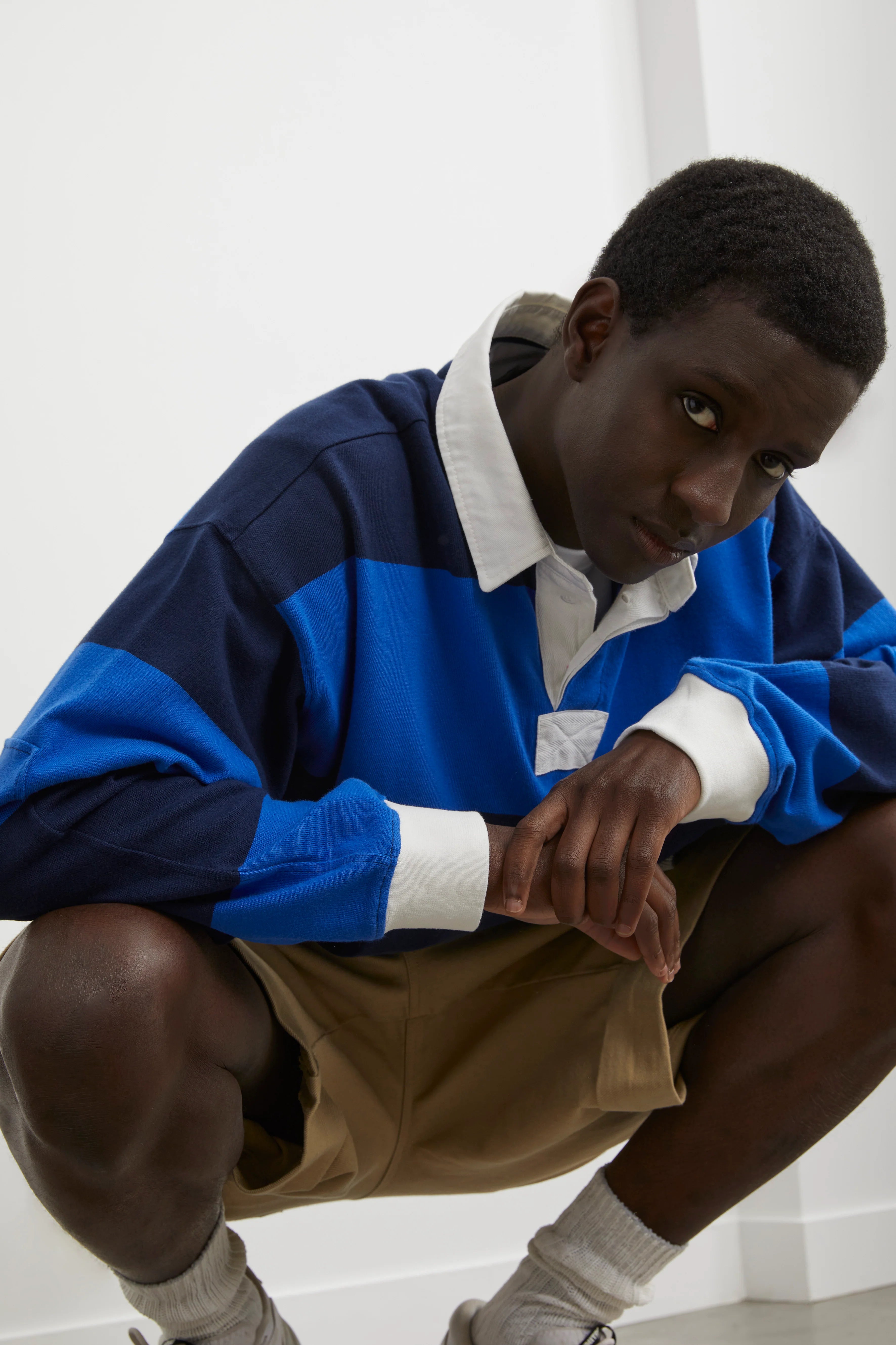 Blue and navy striped hydrangea rugby shirt