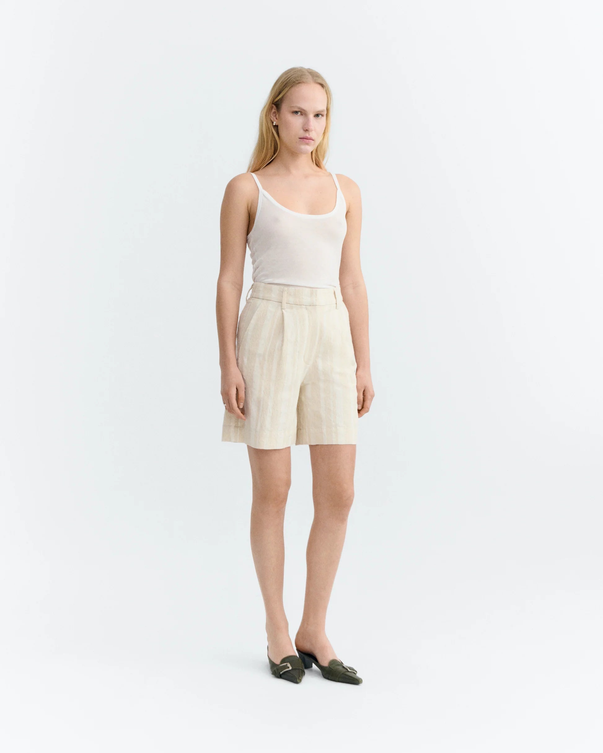 Lia raw dappled stripes ecru shorts