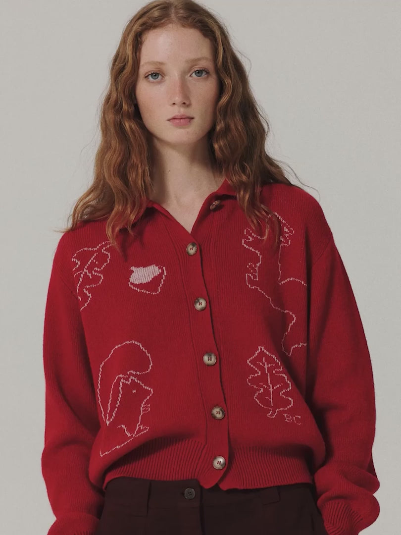 Forest scene wool blend polo cardigan red