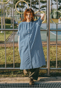 Gingham check linen dress blue