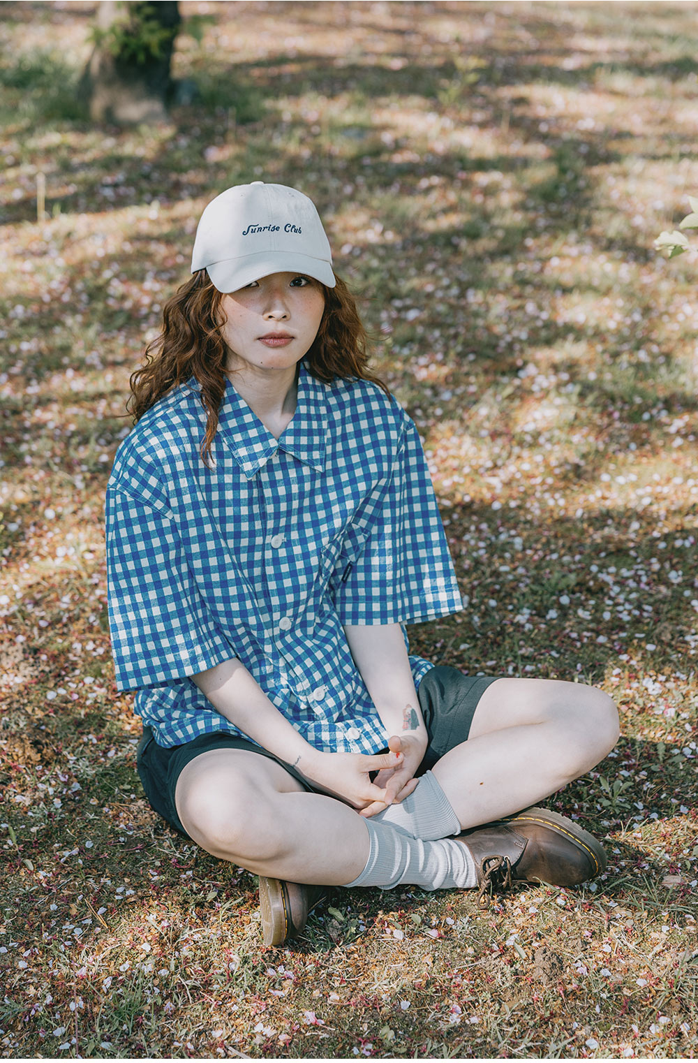 Gingham check linen half-shirt blue