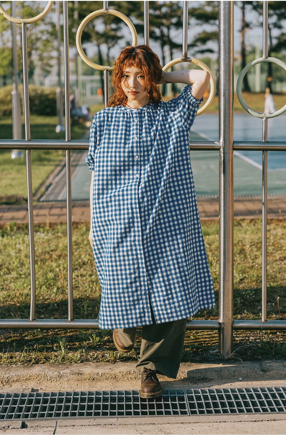 Gingham check linen dress blue