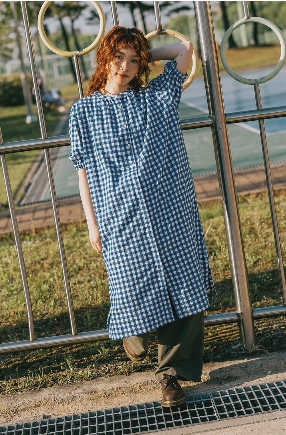 Gingham check linen dress blue