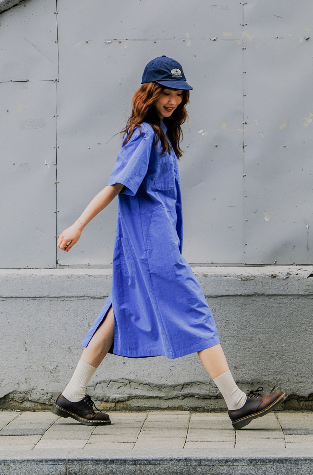 Robe chemise courte bleue à poches