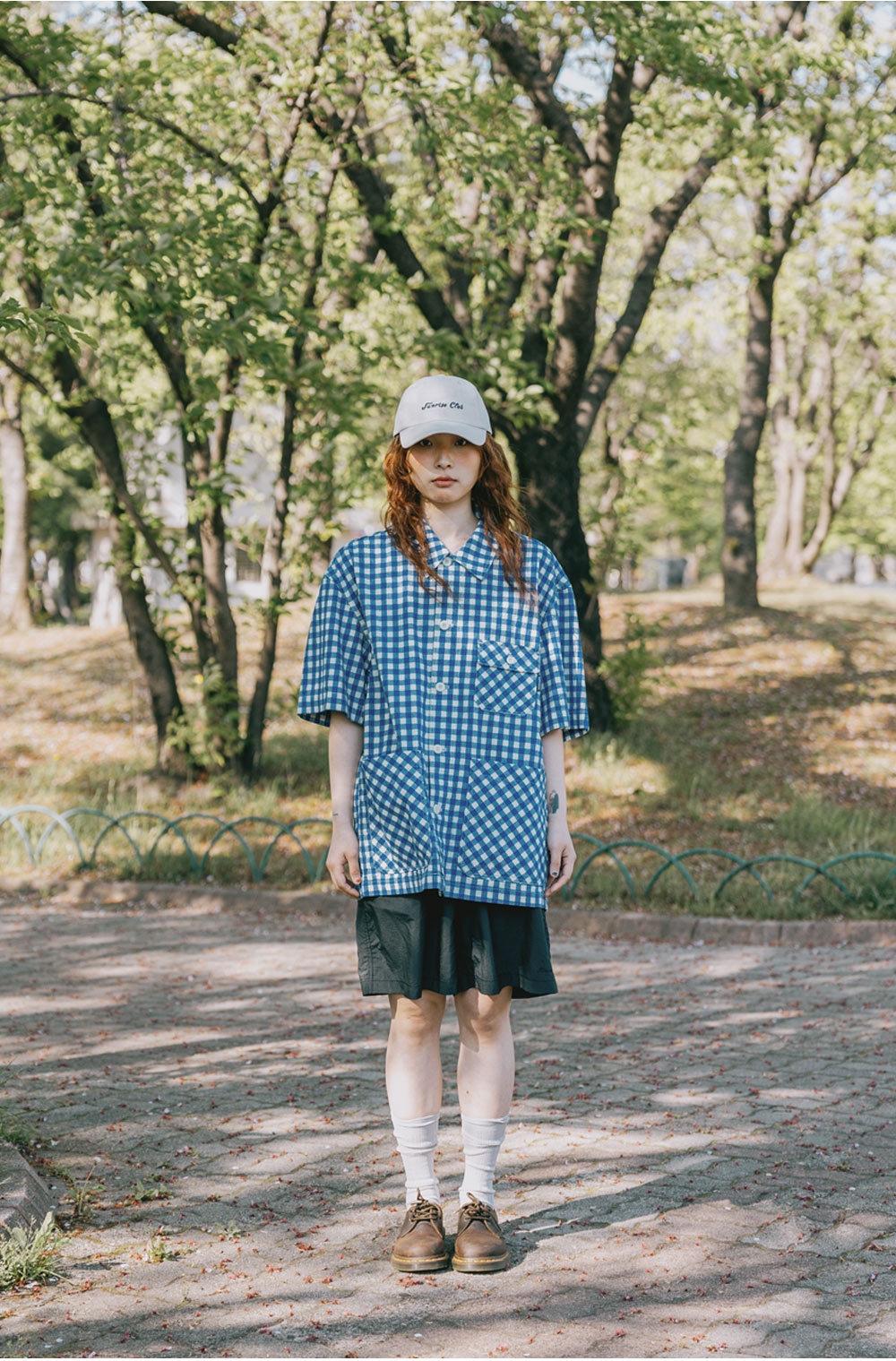 Gingham check linen half-shirt blue