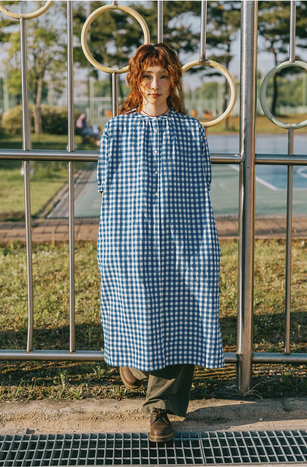 Gingham check linen dress blue