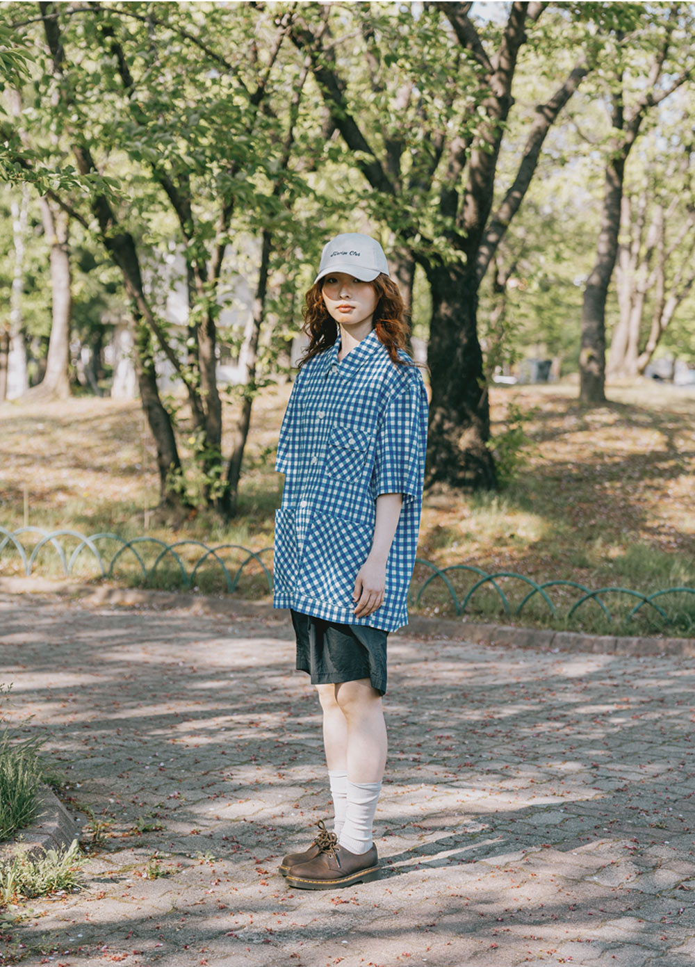 Gingham check linen half-shirt blue