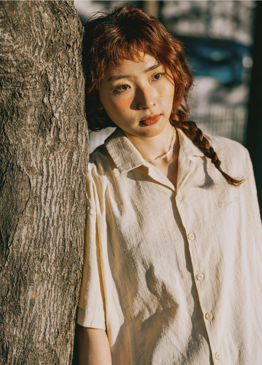 Jacquard open collar shirt light beige