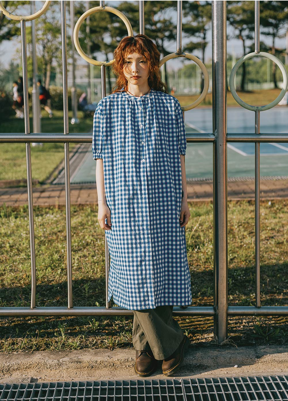 Gingham check linen dress blue