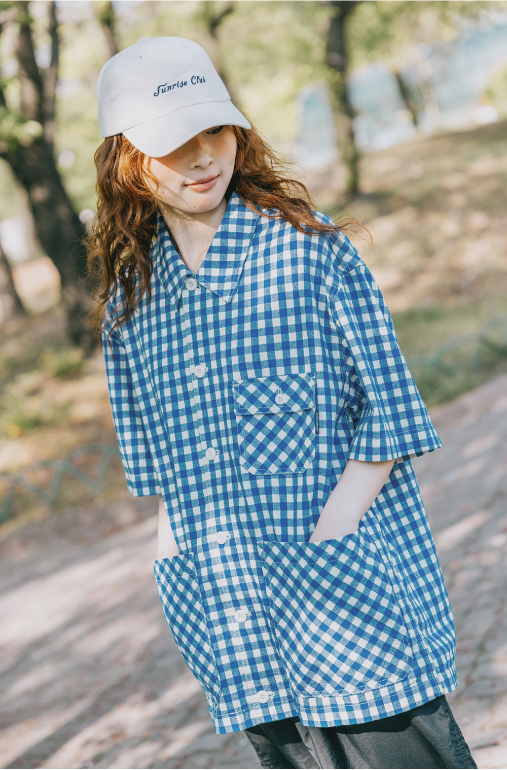Gingham check linen half-shirt blue