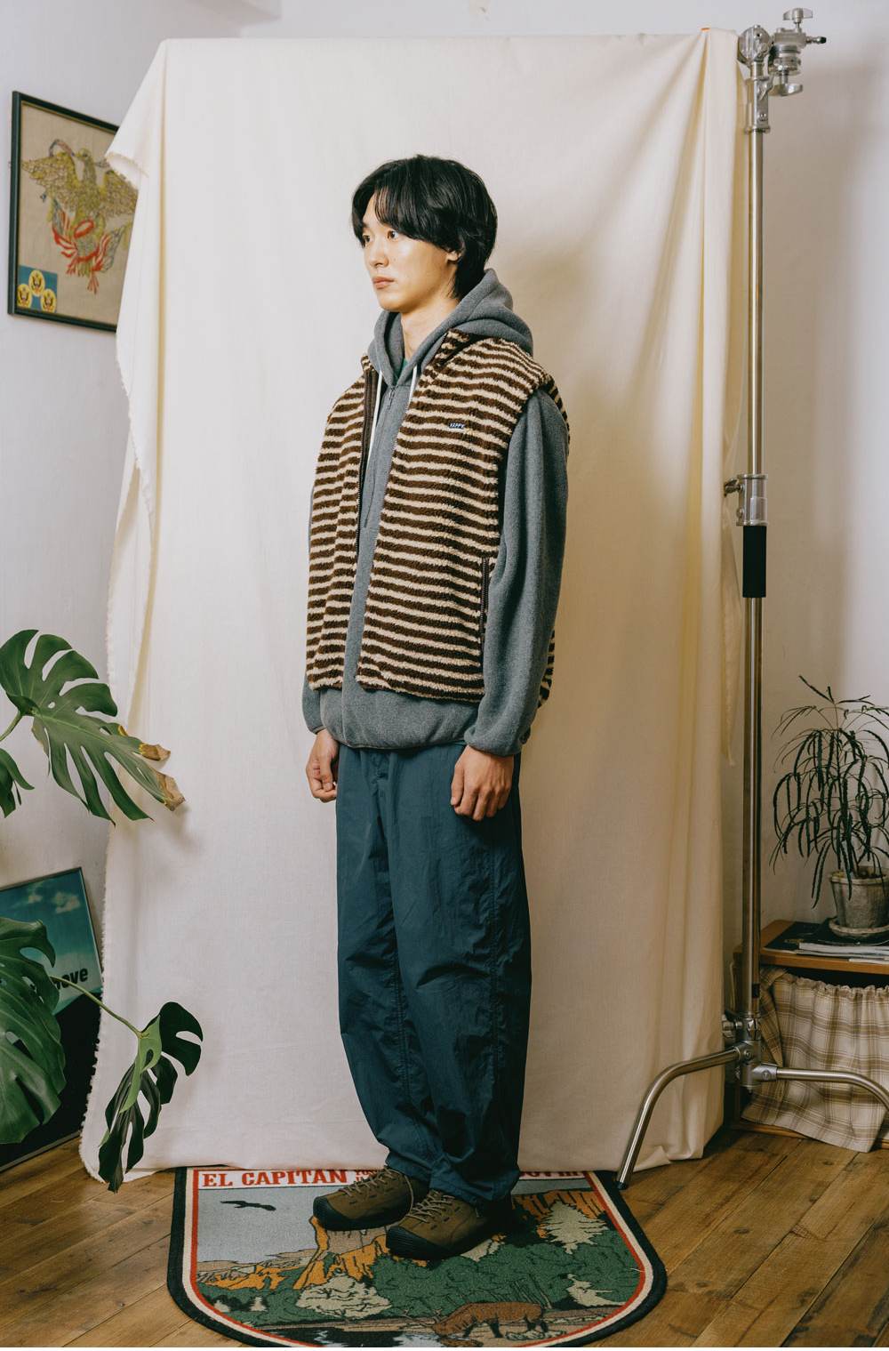 Stripe fleece zipper vest brown