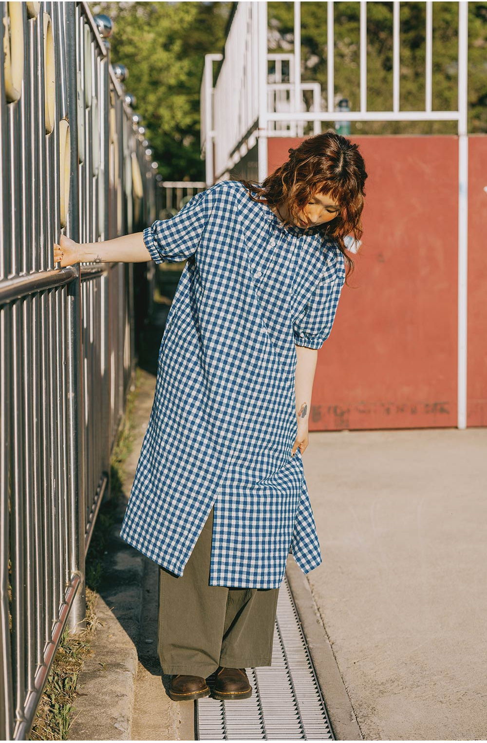 Gingham check linen dress blue