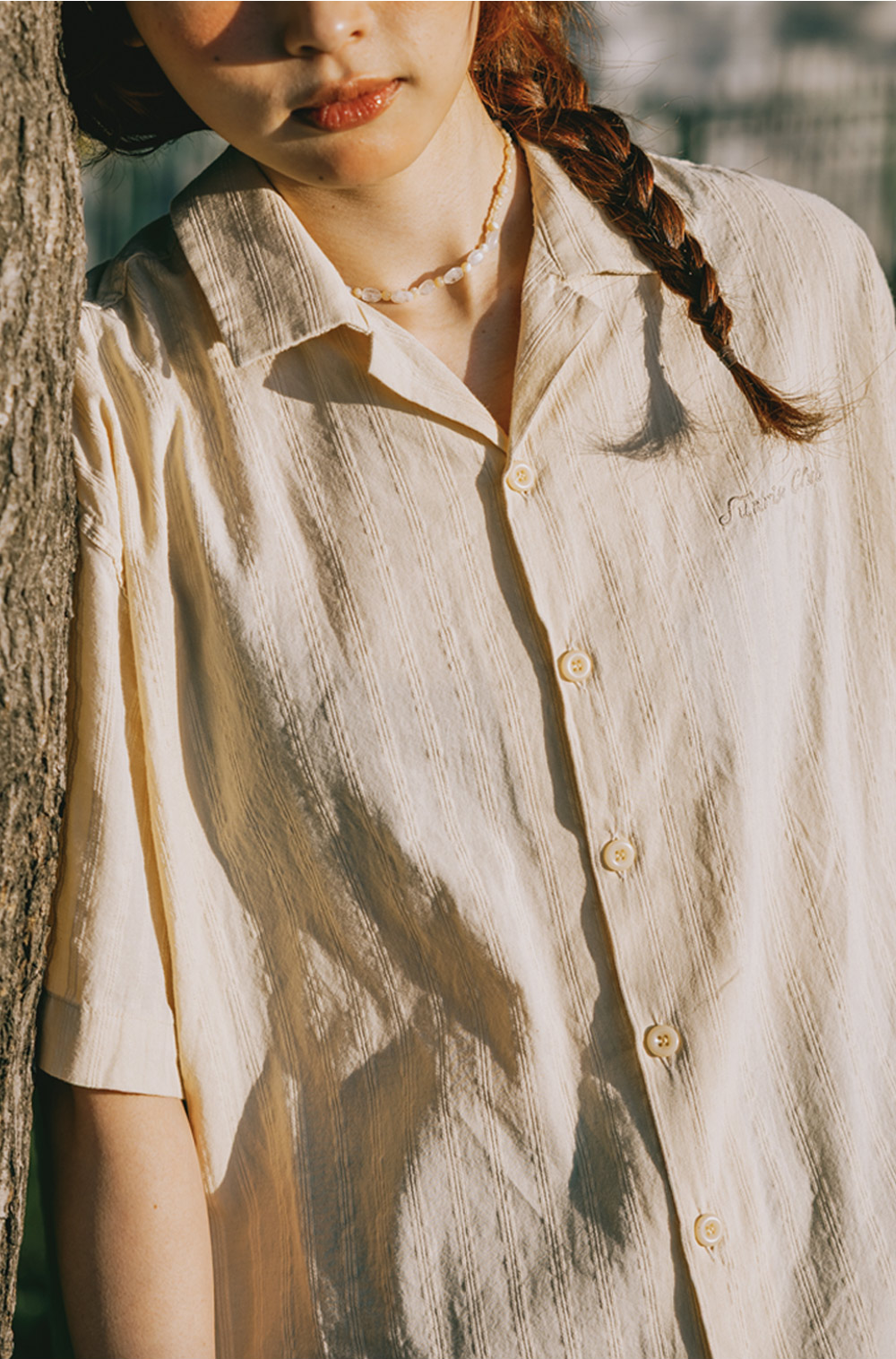 Jacquard open collar shirt light beige