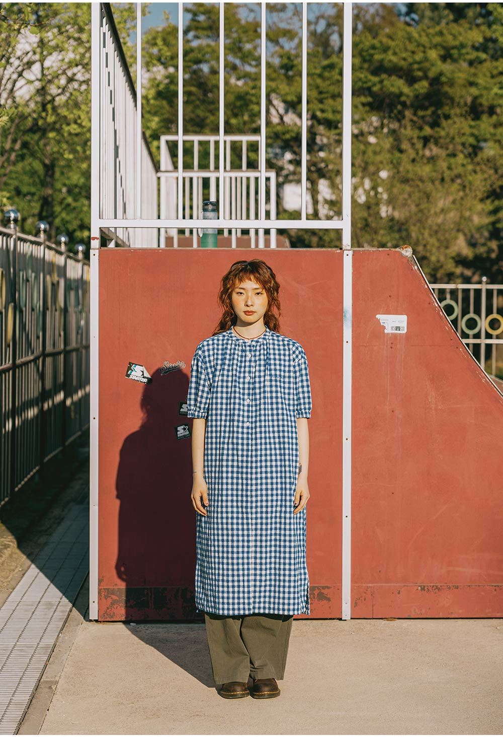 Gingham check linen dress blue