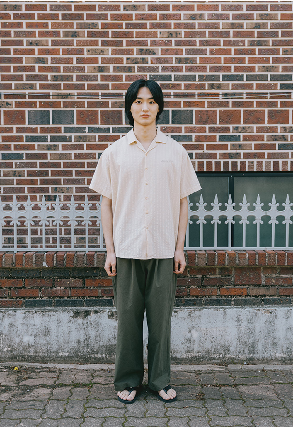 Jacquard open collar shirt light beige