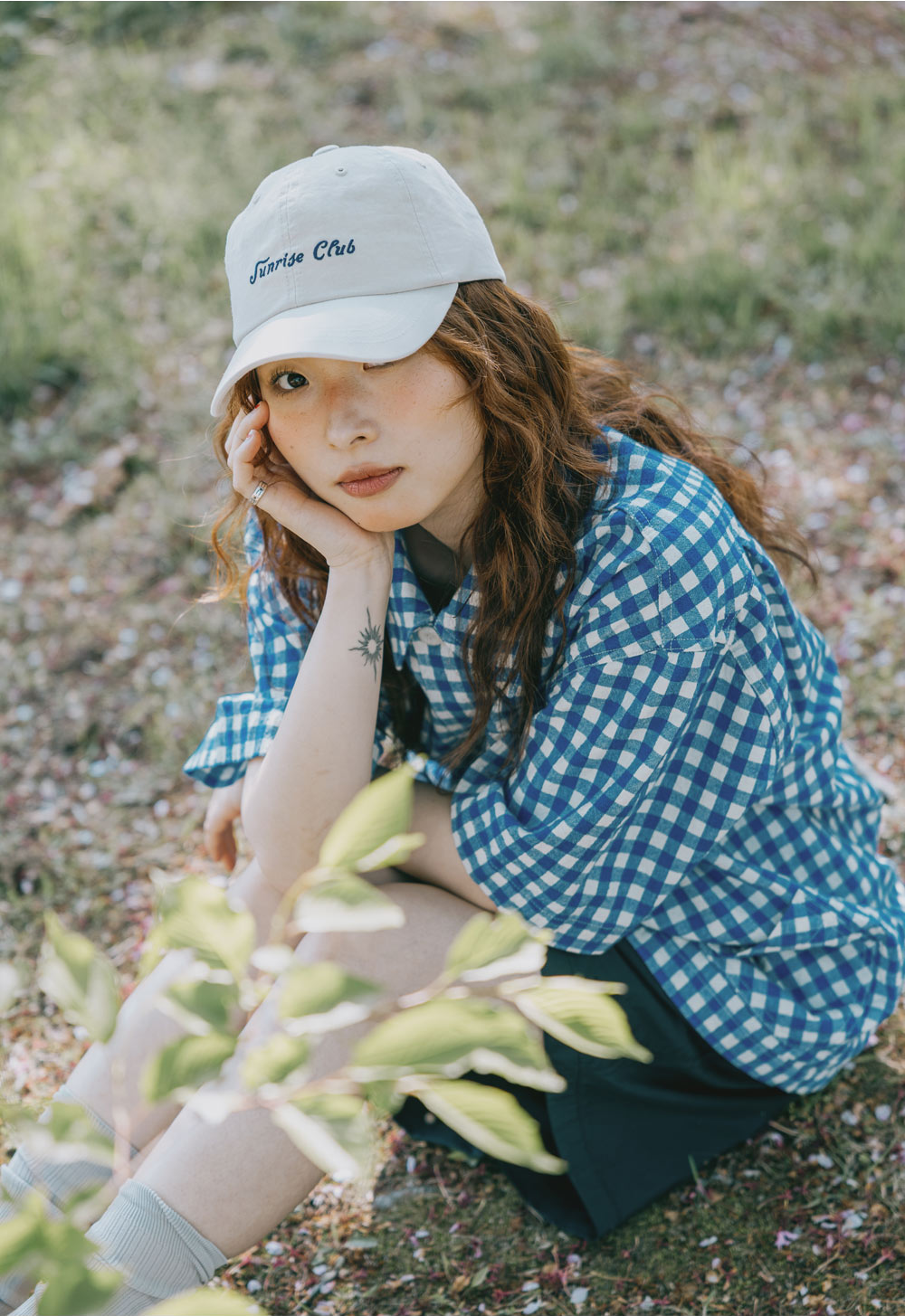 Gingham check linen half-shirt blue
