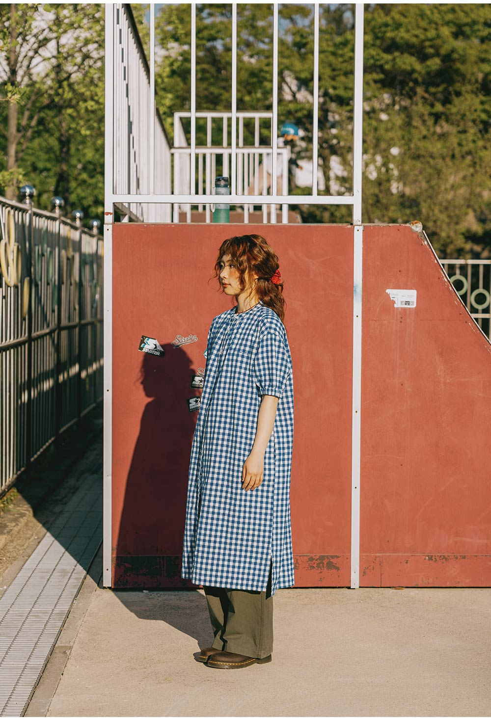 Gingham check linen dress blue