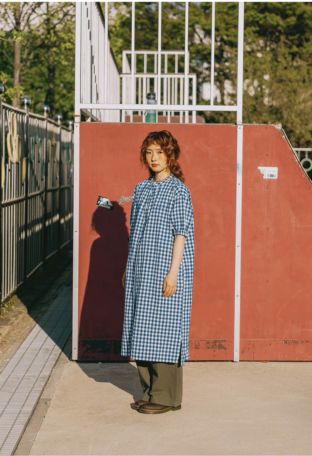 Gingham check linen dress blue