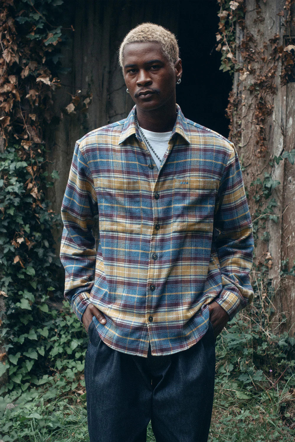 Blue yellow brown tartan casual overshirt