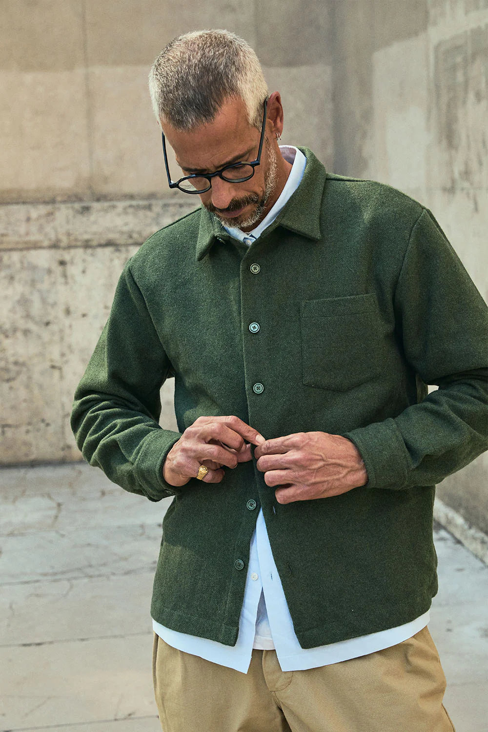 Solid khaki wool overshirt